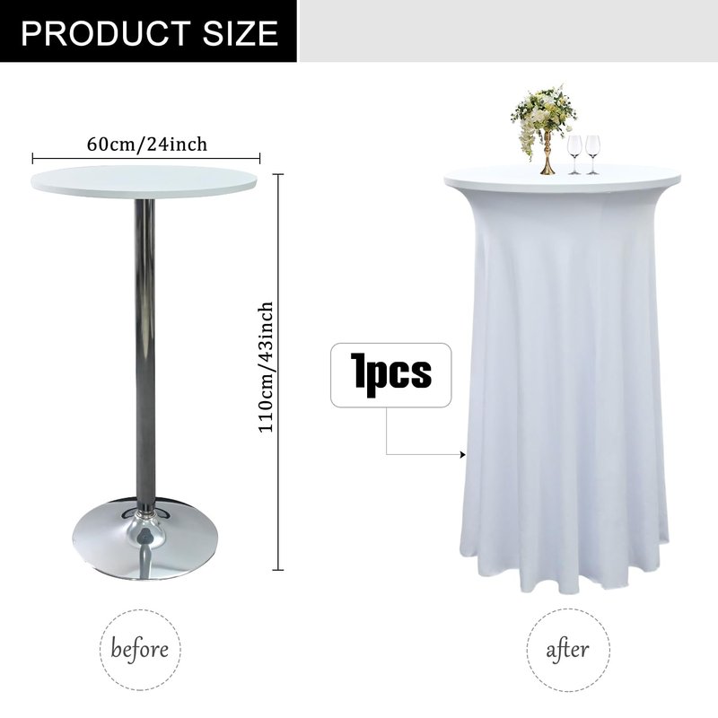 Yoquare 1-Pack 24"x43" White Round Cocktail Table Skirts | Stretch Spandex Fitted Tablecloths | Stain-Resistant, Wrinkle-Resistant, and Machine Washable for Bars, Weddings, Parties, and Banquets