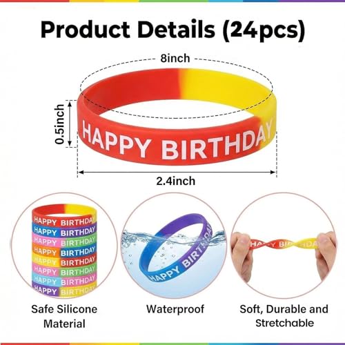 24 PCS Happy Birthday Silicone Wristbands for Party Favors and Prizes