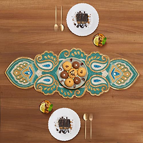 Lightnpro Teal Gold Beaded Paisley Table Runner 13x36 Christmas Decor