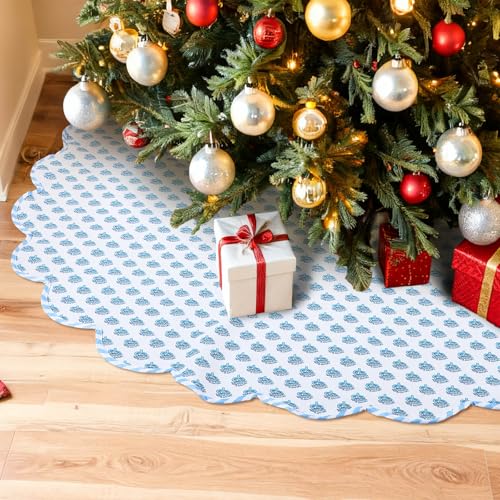 48-Inch Cotton Christmas Tree Skirt - Blue & White Floral Block Print