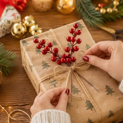 Fangoo 32 Pack 9" Artificial Burgundy Red Berry Picks for Christmas Tree - Red