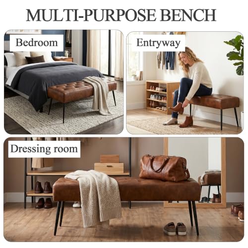 Button-Tufted Upholstered Ottoman Bench, Faux Leather Bedroom Footrest Stool