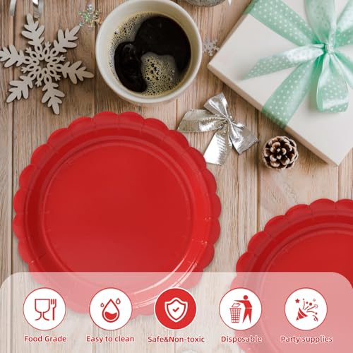 Vyntra Red 9 Inch Scalloped Paper Dinner Plates - Pack of 50, Solid Red, Disposable Tableware for Parties & Holidays