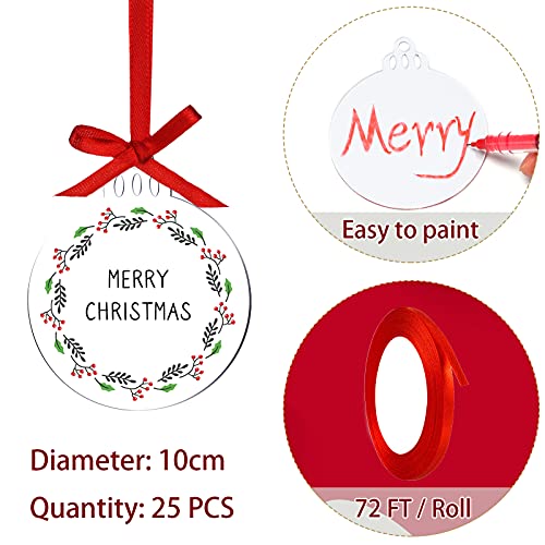 Jetec 25 Pcs Clear Acrylic Christmas Ornaments 4 Inch, Flat Disc Blanks with Red Ribbon for DIY Crafts