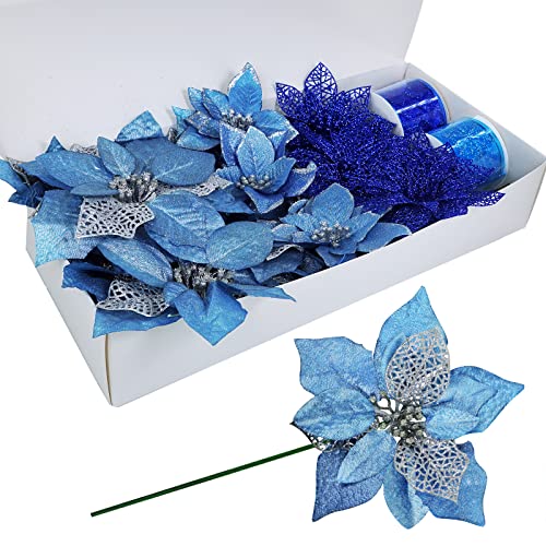 Blue Christmas Poinsettia Flowers & Ribbon Set - Holiday Decor, 24 pcs