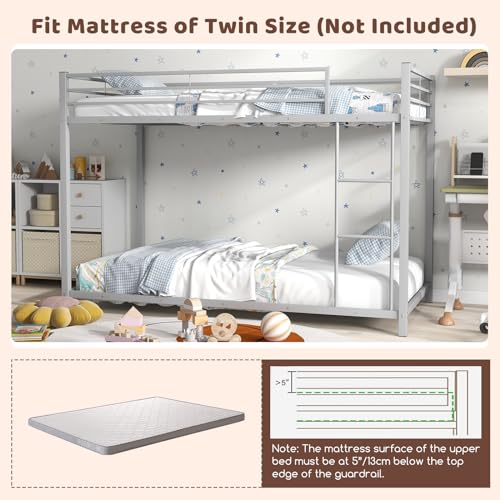 Twin Over Twin Metal Bunk Bed, Heavy Duty Low Floor Bed Frame with Ladder