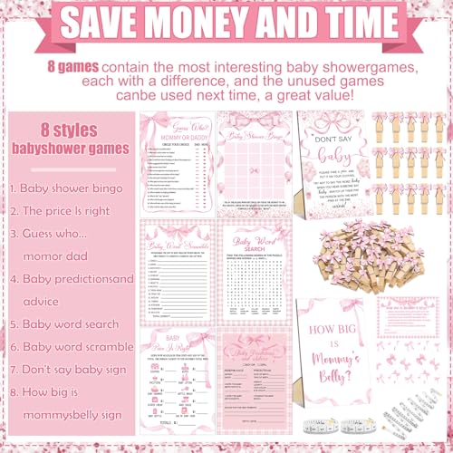 Funnymoom Pink Bow Baby Shower Games Set for Girls - 8 Fun Activities