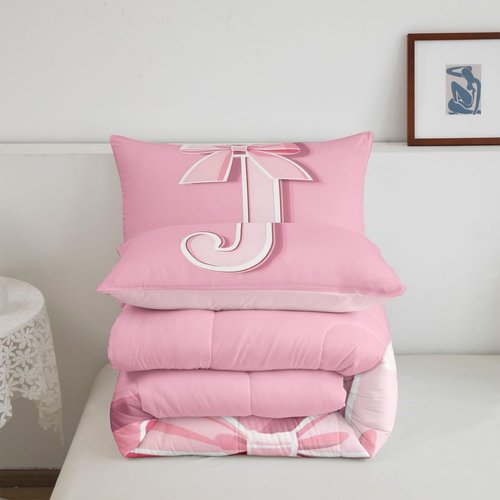 jejeloiu Pink Bowknot Bedding Set, King Size, Decor Personalized Teen Girl Gifts Ultra Soft Initial Letter J Bedding Set, Girly Romantic Comforter Kawaii Pink,Duvet Set Room Decor Quilt Set