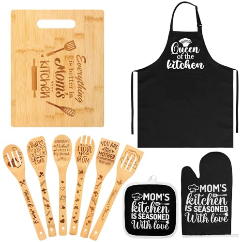 Mom Kitchen Gift Set with Cutting Board & Wooden Spoons, Apron, Oven Mitts & Pot Holder