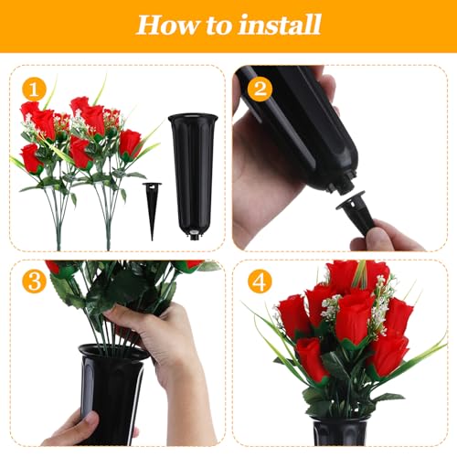 Tigeen 6-Set Red Cemetery Flowers for Grave with Vases and Spikes