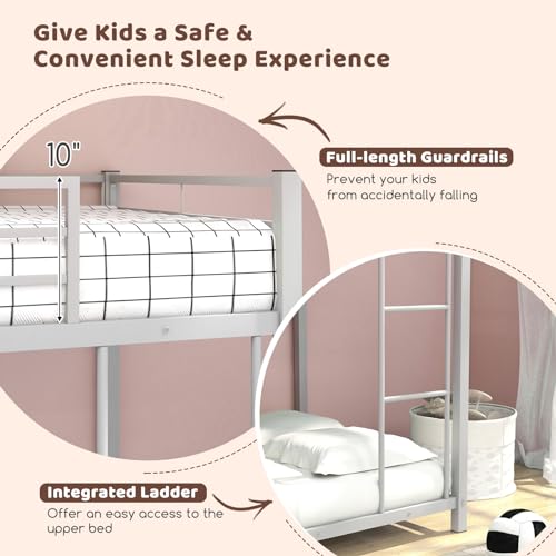 Twin Over Twin Metal Bunk Bed, Heavy Duty Low Floor Bed Frame with Ladder