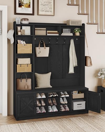 60-inch Farmhouse Hall Tree with LED Lights, Bench, and Shoe Storage