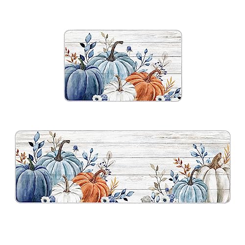 Fall Pumpkin Kitchen Mat Set 2 Pieces with Non-Slip Backing - 15.7"x23.6" & 15.7"x47.2" Thanksgiving Decor Rugs
