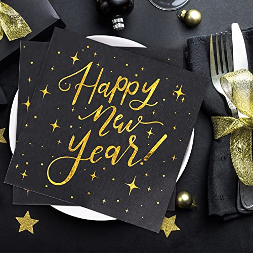Whaline Black Gold Happy New Year Paper Napkins, 80 Pcs - Disposable Dinner Napkins
