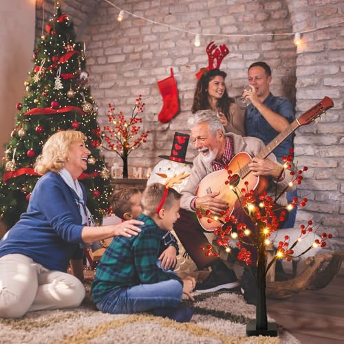 Two-Piece Lighted Christmas Red Berry Tree Decor, 23.6in