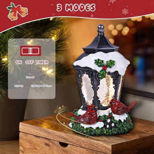 GlexpFesti Christmas Snow Globe Lantern with Cardinals & Glittering Globe, Timer, Battery Operated