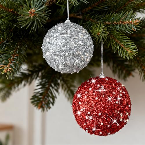Red 12-Pack Foam Christmas Ball Ornaments with Glitter – 3.15" Hanging Xmas & New Year Decor (Variation: Red)