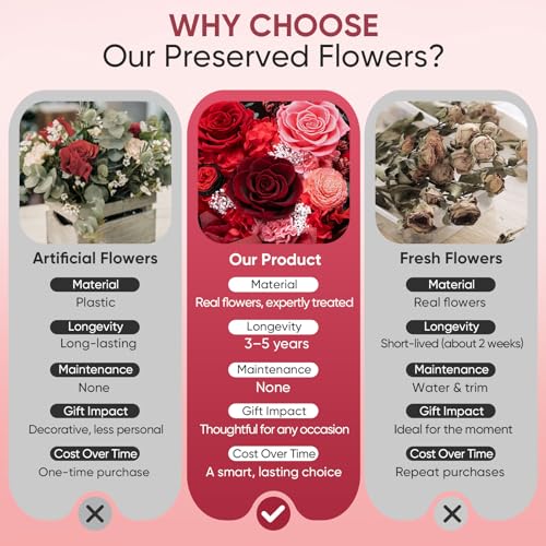 Preserved Red Rose Bouquet - Real Forever Flowers Gift Set with Vase