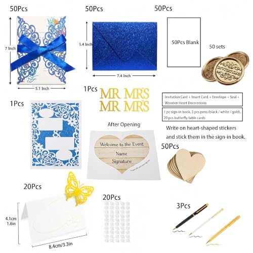 Fashmade Blue 50Pcs Laser Cut Wedding Invitations with Glitter Envelopes & Ribbons (Blank Inside) 5x7 in