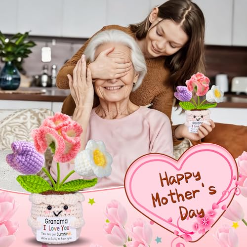 Handmade Crochet Flower Pot Gift for Grandma with Sentiment Card