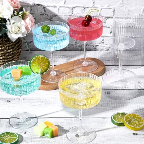12 Pcs 10 oz Plastic Ribbed Martini Glasses, Disposable Coupe Cocktail Cups