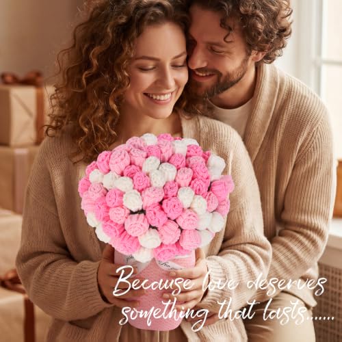 LOKOZ Pink Rose Crochet Flower Bouquet Blanket 31x31 Inches – Gift for Women