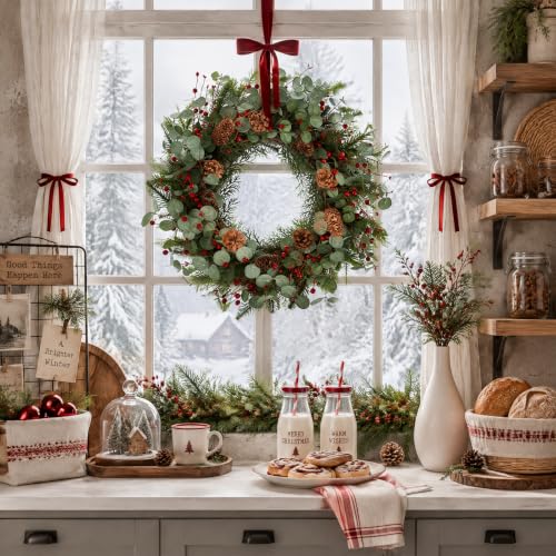 24-Inch Christmas Wreath with Red Berries, Pine Cones & Eucalyptus for Front Door & Holiday Decor