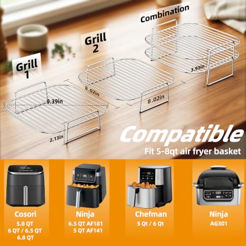 8-Inch Stainless Steel Stackable Air Fryer Racks - 2-Piece Square Grill Set