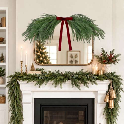 Waipfaru 26 Inch Artificial Norfolk Pine Christmas Mirror Garland with Red Bow - Reusable Holiday Decor