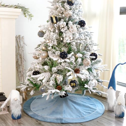 Blue and Silver Velvet Christmas Tree Skirt 36 Inch Luxury Holiday Decor