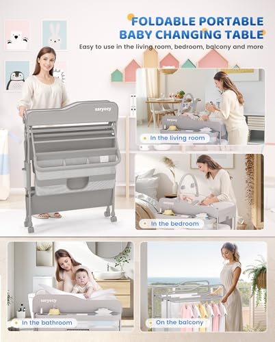 Portable Baby Changing Table with Storage, Adjustable Height Folding Station