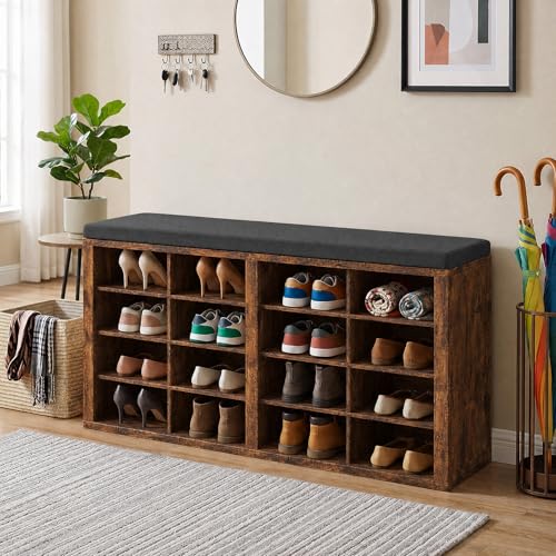 16-Cube Shoe Storage Bench with Washable Cushion, Entryway Shoe Organizer