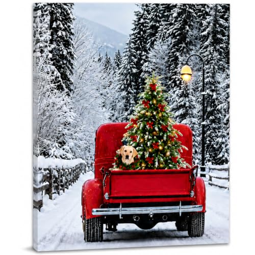 Variation 1: Lighted Red Vintage Pickup Truck Canvas Wall Art with LED Lights 15.75 x 11.75