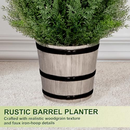4ft Artificial Cedar Topiary Trees in Rustic Barrel Planters, Set of 2