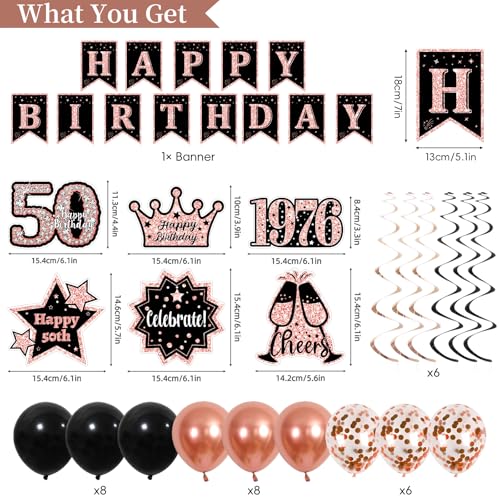 50th Birthday Party Decorations Kit - Rose Gold and Black 1976 Theme