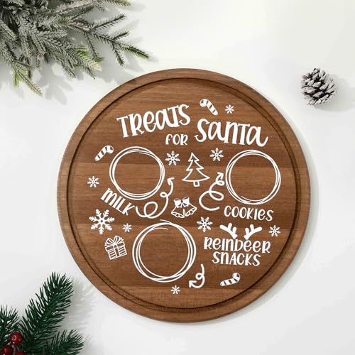 Santa Cookie Plate Round Wooden Treat Tray 9.8in Xmas Eve Platter