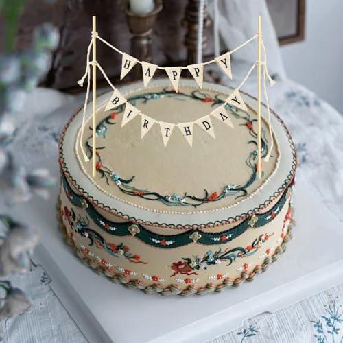 Happy Birthday Cake Topper Bunting Banner with Wooden Poles, Beige