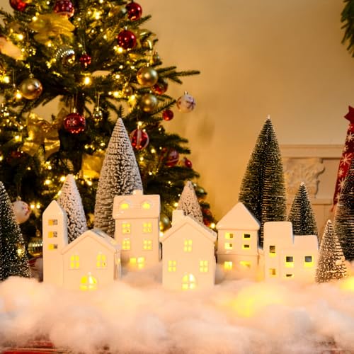 White Ceramic Christmas Village Set - 5 Houses, 9 Mini Trees & Snow