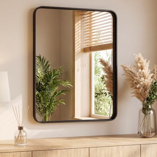 36x24 Inch Rounded Rectangle Bathroom Vanity Mirror, Metal Framed Wall Mirror