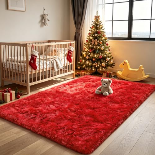 Red 4x6ft Ultra Soft Fluffy Shag Area Rug for Bedroom – Non-Slip Velvet Backing