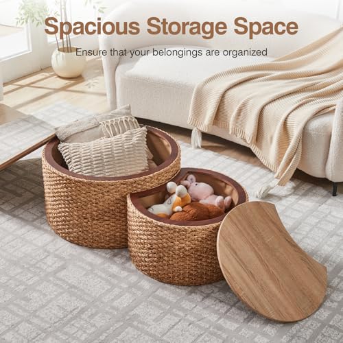 Round Wicker Nesting Coffee Table Set of 2 with Hidden Storage
