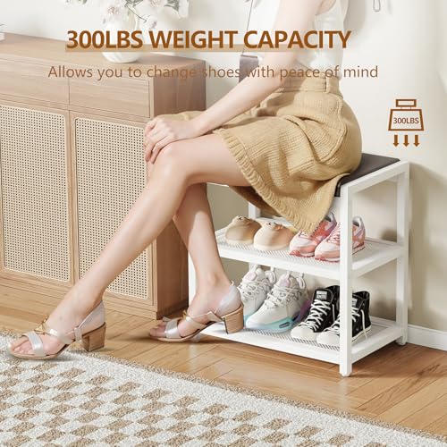 Small Shoe Bench with Cushioned Seat, 18-Inch Entryway Shoe Storage Rack
