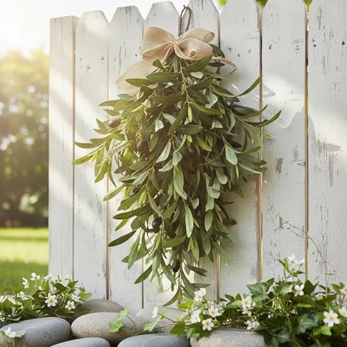 24-Inch Artificial Olive Branch Teardrop Swag for Front Door and Wall Decor