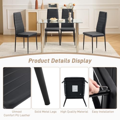 Black PU Leather Dining Chairs Set of 4 - Ergonomic High Back Kitchen Chairs