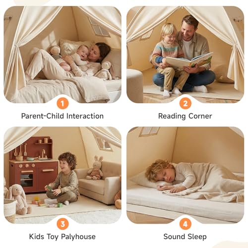 Kids Indoor Twin Bed Tent Canopy with Star Lights & Flags - Golden Beige