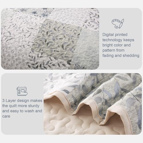 Exclusivo Mezcla Reversible Boho Floral Queen Quilt Set - Gray (3-Piece)