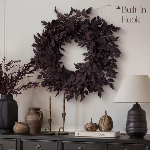 24-Inch Plum Leaf Fall Wreath for Front Door, Halloween & Autumn Decor