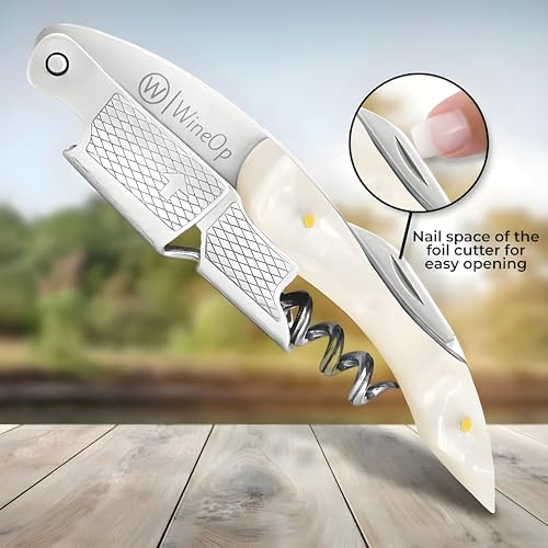 WineOp White Resin Double Hinged Waiter's Corkscrew Wine Opener - Professional Stainless Steel Bottle Key