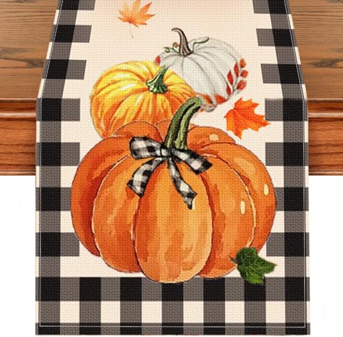 Thanksgiving Fall Table Runner 13x72 Inches Buffalo Plaid Pumpkin Decor