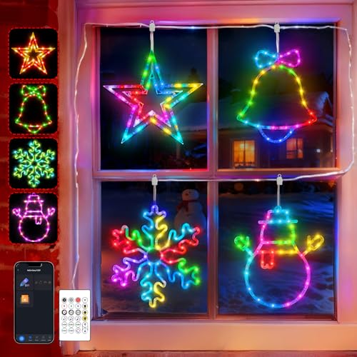 MOZUGUTAO 4 Pack Smart RGB Christmas Window Lights with App & Remote, Music Sync & Timer — Indoor & Outdoor Holiday Decor